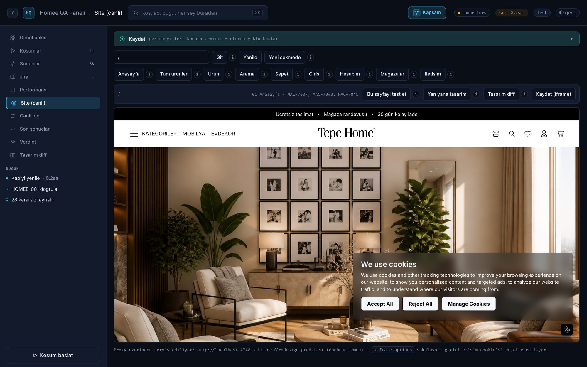 Panel — Site (canlı) sekmesinde iframe kaydedici