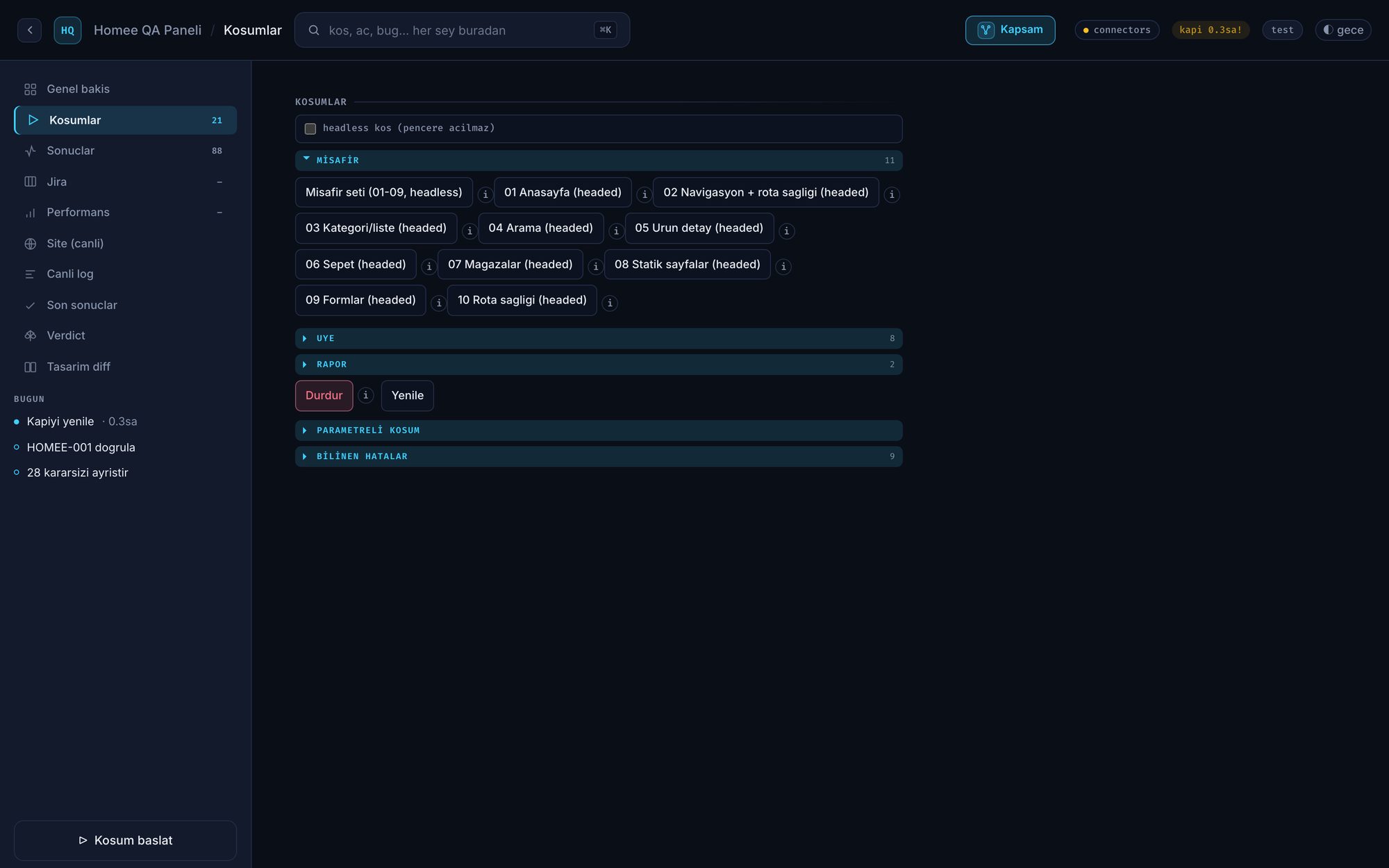 Homee QA Paneli — koşum listesi ve canlı log (koyu tema)
